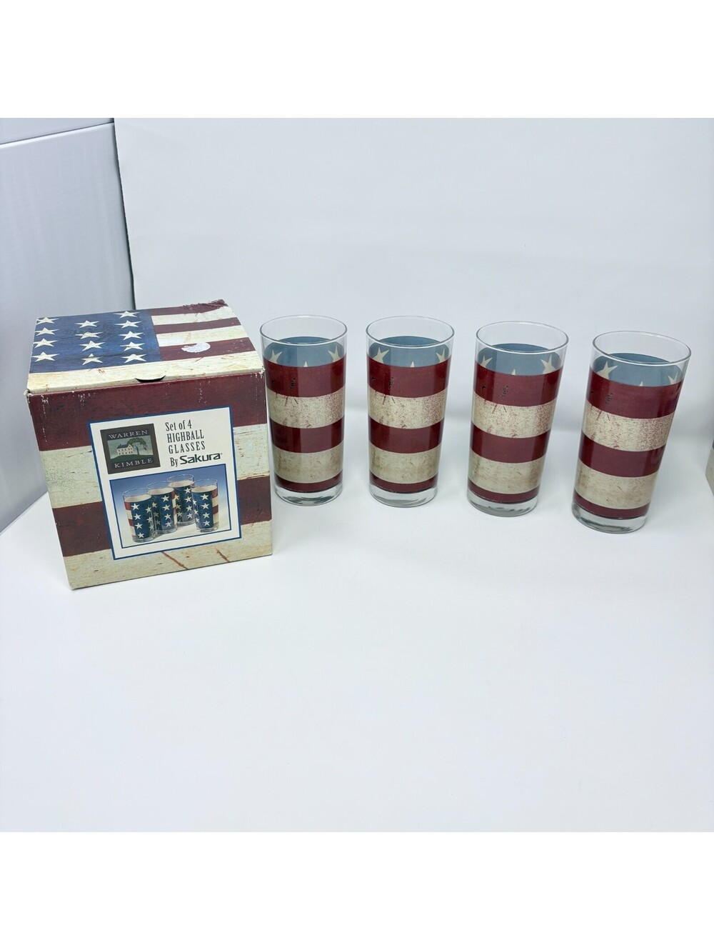 Vintage Set of 4 Sakura Warren Kimble "Colonial" 16oz Highball Glasses USA Flag